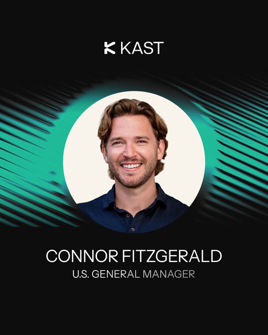 A professional headshot of Connor Fitzgerald featured against a teal circular graphic with diagonal line accents. The KAST logo appears at the top, while "CONNOR FITZGERALD" and "U.S. GENERAL MANAGER" are displayed below, accompanying the post's announcement of his new role as U.S. General Manager.