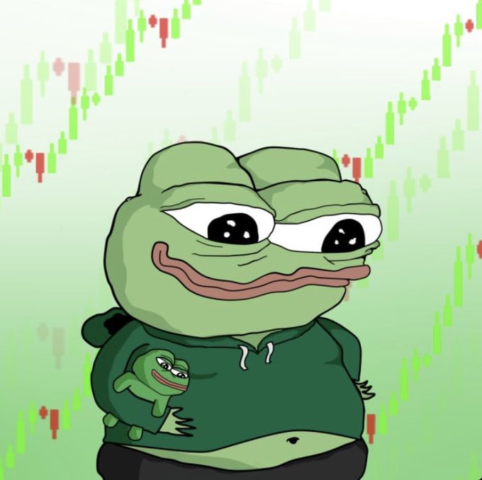 A cartoon image of Pepe the Frog wearing a green hoodie and holding a smaller Pepe plushie, set against a background of green and red trading candlesticks.