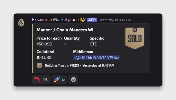 The image shows a Discord post from "Exsaverse Marketplace" advertising a "Mancer / Chain Mancerts WL" listing priced at 450 USD with 100 USD collateral, marked as "SOLD." The listing visually confirms the post's claim that people are buying MancerXYZ whitelist spots for $450.