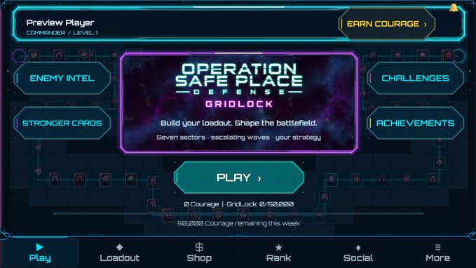 A sci-fi themed game menu for "Operation Safeplace - Defense: Gridlock" shows options like Enemy Intel, Stronger Cards, Challenges, and Achievements, with a Play button and a prompt to "EARN COURAGE".