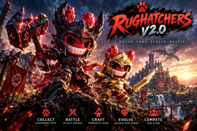 A promotional graphic for 'Rughatchers V2.0' featuring fantasy creatures in a video game setting with the tagline 'HATCH. CARE. EVOLVE. BATTLE.' and gameplay options: 'COLLECT LEGENDARY PETS', 'BATTLE IN EPIC ARENAS', 'CRAFT POWERFUL GEAR', 'EVOLVE UNLOCK NEW FORMS', and 'COMPETE AND CLIMB'.