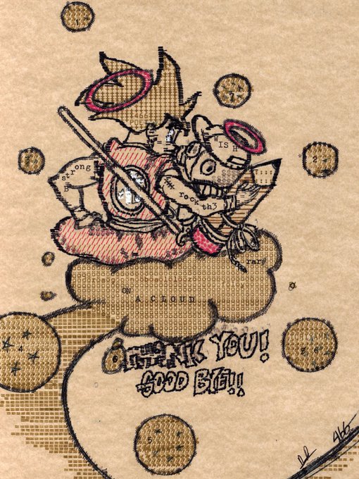 A whimsical doodle drawn on brown paper featuring two cartoon cat-like creatures in pink outfits surrounded by floating bubble shapes, with handwritten phrases such as "IS," "to rock this," "Strong," "ON A CLOUD," and the prominent text "THANK YOU! GOOD BYE!"—visually echoing the playful, creative flair of a "super quant."