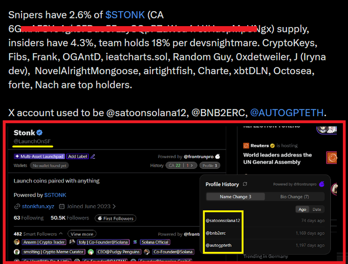 A screenshot discussing cryptocurrency holdings for $STONK, mentioning figures like 'CryptoKeys, Fibs, Frank' and showing an X (Twitter) profile for 'Stonk' (@LaunchOnSF) with highlighted previous usernames including '@satoonsolana12' and '@autogpteth'.