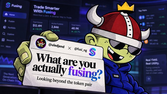 A cartoonish green ogre-like character with sunglasses and crown holding a sign reading 'What are you actually fusing?' with handles '@uledjend' and '@fusi_ng', set against a 'Fusing' crypto trading platform interface.