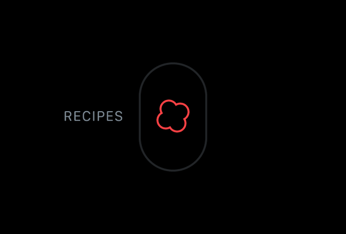 A minimalist black screen displays the word 'RECIPES' next to a red flower-like logo enclosed in a rounded pill shape.