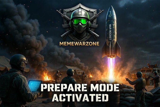 A dramatic battlefield scene features a rocket marked “WAR ROCKET” launching amid smoke, the MemeWarzone shield logo, and the bold caption “PREPARE MODE ACTIVATED,” visually representing the competitive ecosystem for meme coins promoted by MemeWarzone.