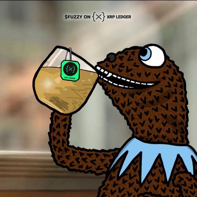 A cartoon brown monster character drinking from a glass of tea tagged with an XRP Ledger label, with text at the top reading '$FUZZY ON (X) XRP LEDGER'.