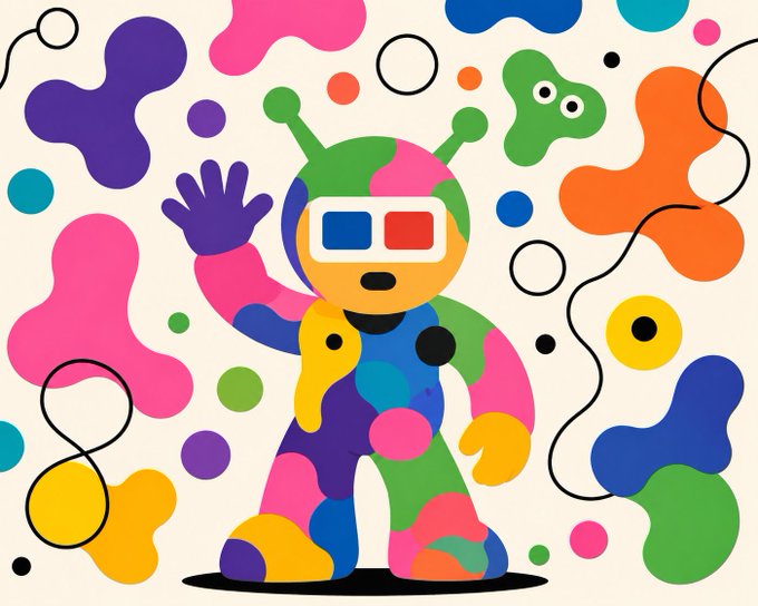 The image features a cartoon character wearing a colorful outfit, possibly an alien suit with a green head, standing against a white background adorned with various shapes and colors such as circles, lines, and dots. The character appears to be waving at the viewer, creating a sense of interaction between the artwork and its audience. The post seems to be promoting or discussing this unique piece of art, possibly for sharing on social media platforms like Instagram.