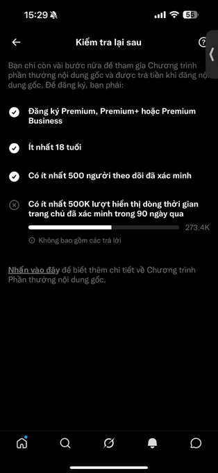 A Vietnamese mobile app screenshot showing program eligibility requirements, including Premium Premium+ or Premium Business registration, age 18+, 500 verified followers, and 500K VND in token trading volume in the last 90 days.