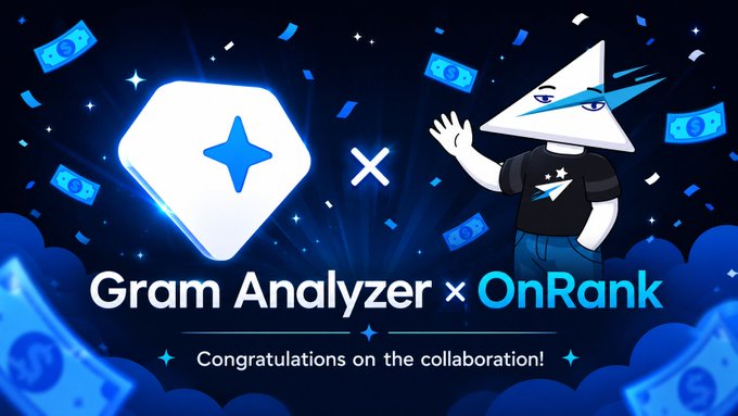 A promotional graphic announcing a collaboration between 'Gram Analyzer' and 'OnRank' featuring a cartoon character and a blue star logo, with confetti and the text 'Congratulations on the collaboration!'.