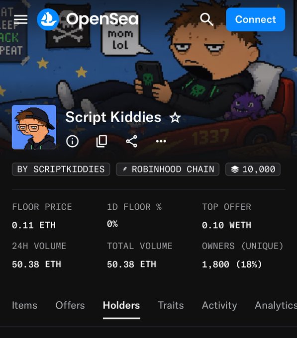 An OpenSea NFT collection page for 'Script Kiddies' on the Robinhood Chain, showing a floor price of 0.11 ETH, a top offer of 0.10 WETH, and 10,000 items.