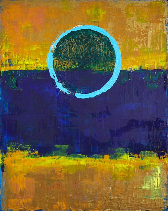 The image features a large painting with an abstract style, predominantly blue and yellow colors. The artwork has been done using oil paint on canvas, giving it a textured appearance. The painting depicts a circle within a larger circle, surrounded by a blue background that contrasts with the warm tones of the painting. The artist's signature is visible in the bottom right corner of the image.