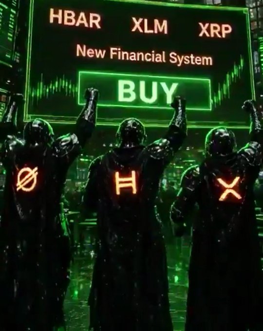Three hooded figures with the Stellar (Ø), Hedera (H), and XRP (X) logos on their backs raise their fists toward a glowing neon billboard reading "HBAR XLM XRP New Financial System BUY," symbolizing a bullish push for these altcoins as the Crypto CLARITY Act moves forward. The image visually reinforces the post's claim that regulatory momentum will ignite a major rally in these three cryptocurrencies.