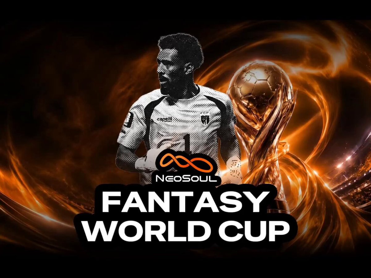 The image features a soccer player standing next to a trophy, with the text "Fantasy World Cup" written above him. The background of the image has an orange glow, which gives it a vibrant and energetic feel. The soccer player's pose suggests that he is ready for action or celebration, possibly related to the World Cup event.