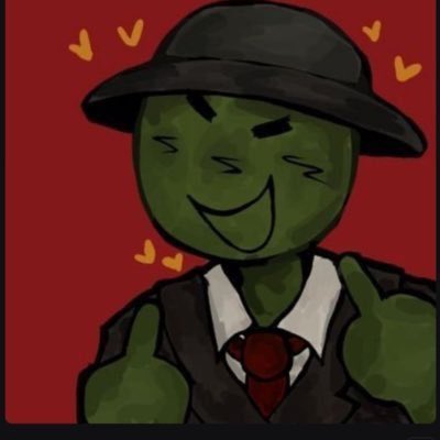 Cartoon illustration of a green-skinned character in a suit, red tie, and bowler hat giving two thumbs up with hearts floating around, set against a red background.