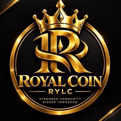 A gold and black logo features a crown above a stylized 'R' inside a circle, with the text 'ROYAL COIN RYLC' and the tagline 'STRONGER COMMUNITY BIGGER TOMORROW'.
