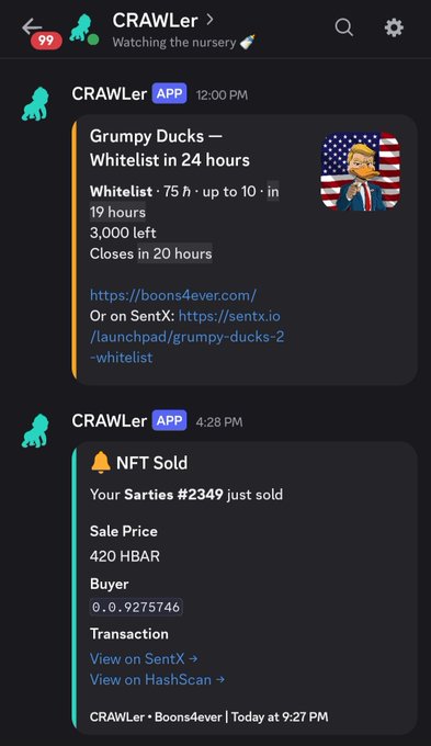 A Discord chat from CRAWler bot showing NFT notifications including a 'Grumpy Ducks — Whitelist in 24 hours' message and an 'NFT Sold' alert for Salties #2349 at 420 HBAR.