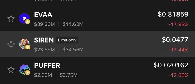 The image showcases three different price quotes for the SIREN token -EVAAA, $SIREN only, and $SIREN Limit-Only (all listed below). There are also descriptions that suggest each quote is either for a specific user or is related to the token's pricing mechanism. The most recent price quote indicates a limit-only trading situation.