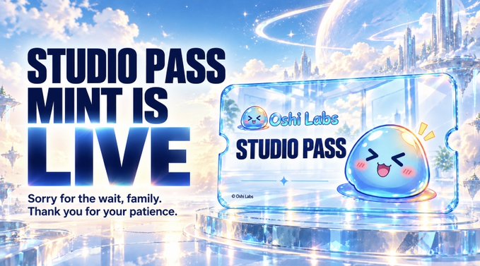 A promotional banner with a celestial blue background announces "STUDIO PASS MINT IS LIVE" alongside an "Oshi Labs" branded card featuring a smiling mascot character. The image accompanies the announcement about the STUDIO PASS free mint being available, directing users to mint at studio.oshi-labs.com/pass/ with the note "Sorry for the wait, family. Thank you for your patience."