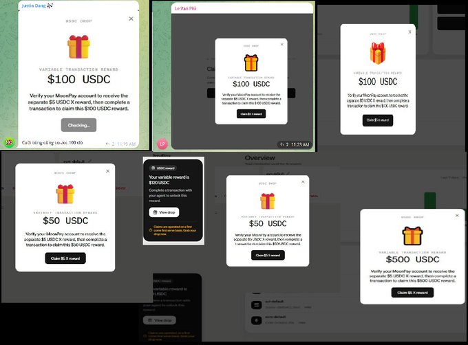 A collage of screenshots showing various USDC reward popups from MoonPay for JungleDang, ranging from $50 to $500 USDC, requiring transaction completion to claim.