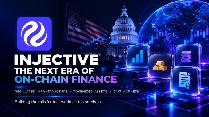 Promotional banner for INJECTIVE, “THE NEXT ERA OF ON-CHAIN FINANCE,” with “REGULATED INFRASTRUCTURE • TOKENIZED ASSETS • 24/7 MARKETS” and “Building the rails for real-world assets on-chain.”