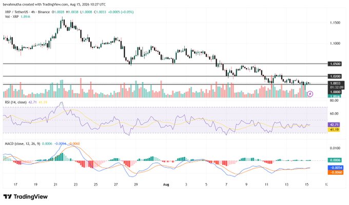 A 4-hour XRP/USD candlestick chart from TradingView (Binance) shows XRP trading at $1.0038, hovering just above the $1.000 support level, with an RSI of 42.71 and MACD indicating mild bearish momentum as price consolidates near the key support zone highlighted in the analysis.