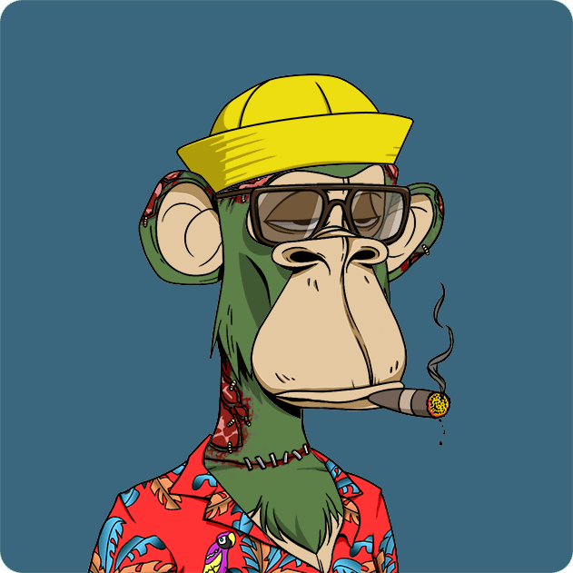A cartoon Bored Ape-style monkey wearing a yellow cap, sunglasses, and a red floral shirt, smoking a cigar against a gray background.