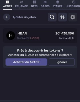 The image features a cellphone screen displaying its status. There are multiple options visible, including "Hbar" which can be added to the hashpack or cold wallet, "Achester du SPAC" for transactions under $0.1, and a "Ignorer" button indicating that this isn't relevant at the moment. The app is also marked as a change icon and the time is displayed as 3:32 PM (noon).