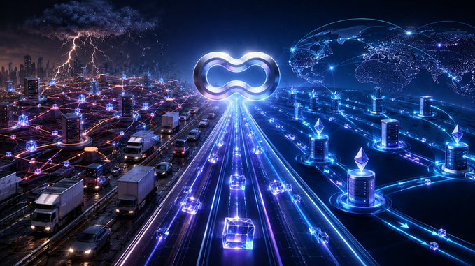 A futuristic digital landscape featuring a glowing infinity symbol at the center, with glowing data pathways connecting blockchain nodes across a neon-lit city and a wireframe globe, while trucks travel along a highway below stormy skies.