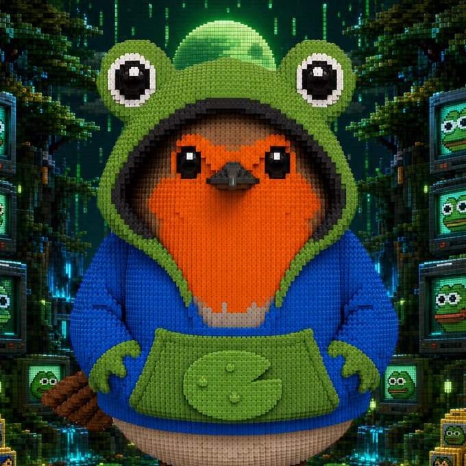A pixelated 3D render of a bird-like character wearing a blue hoodie and green frog hat with an 'e' logo, set against a digital forest background with screens displaying frog faces.