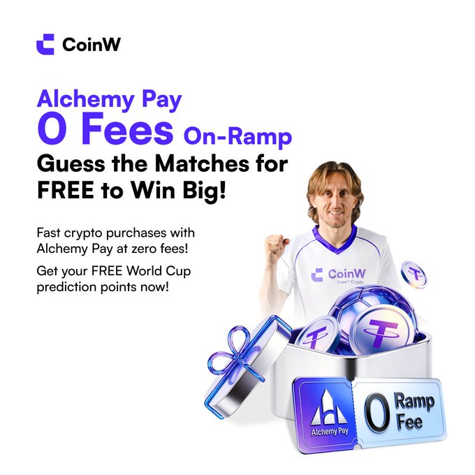 The image shows a man wearing a white and blue soccer jersey with the words "CoinW Official" written on the back of his shirt, who appears to be an athlete or sports personality. In the background, there are numerous small metal discs scattered across the photo's surface, which resemble coins. On the right side of the image, there is a text box that reads: "Guess the matches for Free to Win Big!". The main focus in this part of the image is on one of the numerous small discs that make up the background and scatter across it. These discs are likely related to the crypto advertisement and might be coins or tokens associated with the Alchemy Pay and CoinW Official logos, possibly representing a payment method or cryptocurrency exchange.