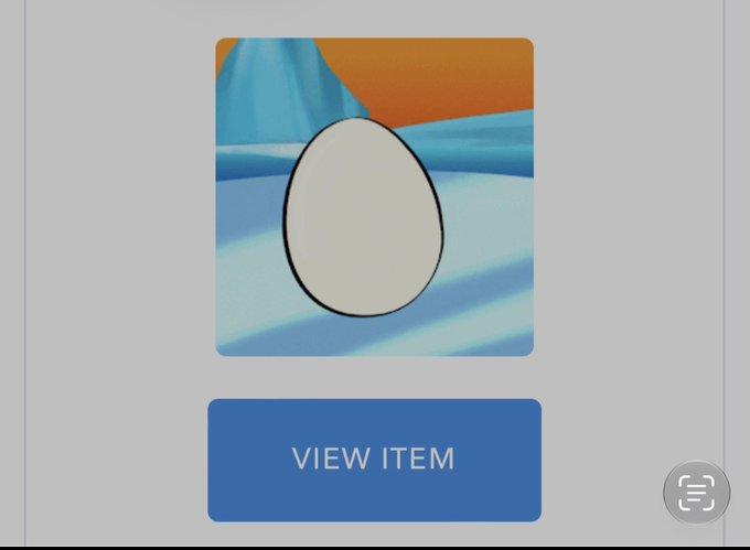 A user interface screenshot showing a rounded white egg-shaped character on a blue and orange background, with a blue "VIEW ITEM" button below it.