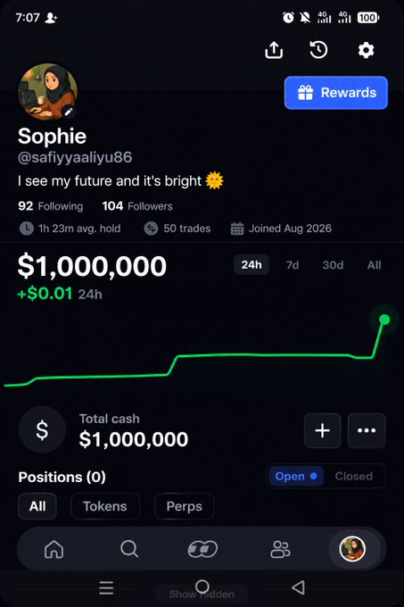A trading profile for user 'Sophie' (@safiyyaaliyu86) showing a portfolio balance of $1,000,000, 50 trades, and the bio 'I see my future and it's bright'.