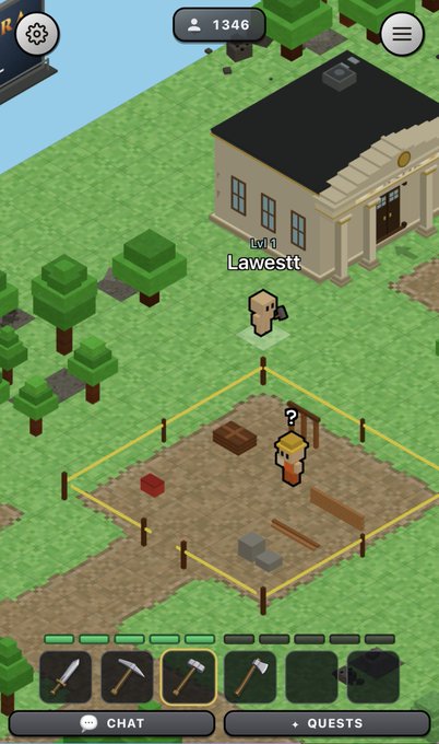 Mobile game screenshot showing an isometric view of a voxel-style town with a 'Lawett' character outside a government-style building and a construction site with a question-mark NPC.