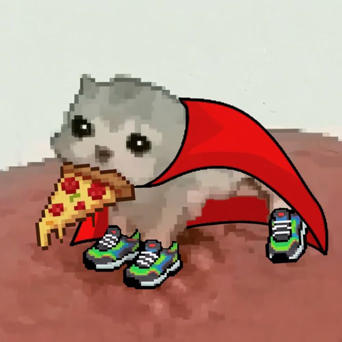 A pixel-art style illustration of a fluffy white creature wearing a red cape, sneakers, and holding a slice of pepperoni pizza.