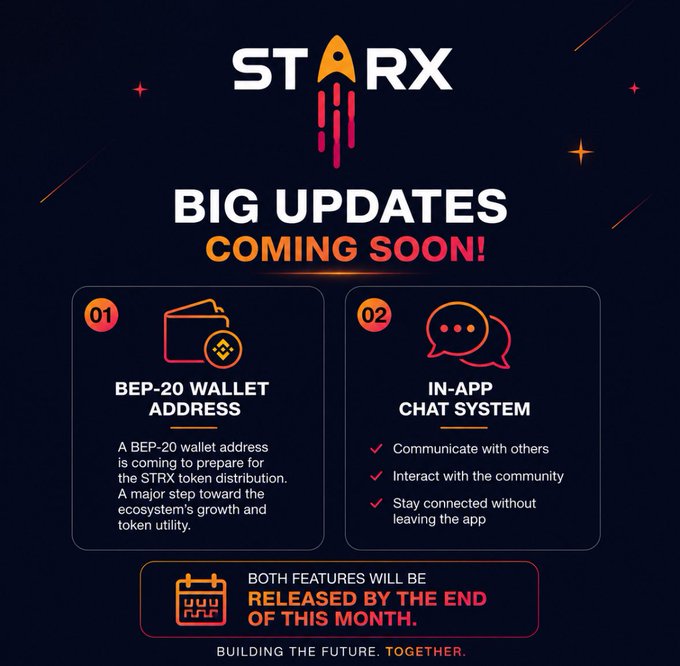 STARX promotional graphic announcing 'BIG UPDATES COMING SOON!' with two features: '01 BEP-20 WALLET ADDRESS' and '02 IN-APP CHAT SYSTEM', both releasing by end of month with tagline 'BUILDING THE FUTURE. TOGETHER.'