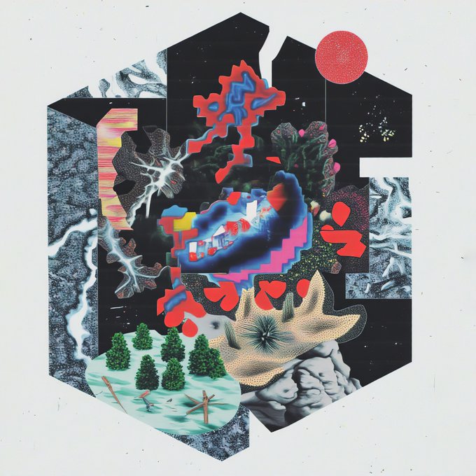 A mixed-media collage artwork featuring abstract shapes, lightning bolts, red organic forms, a starfish, and small green trees arranged in a geometric composition.
