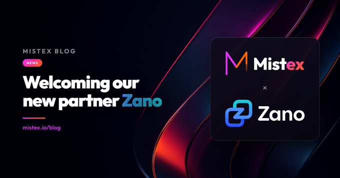 A promotional graphic announcing Mistex's new partnership with Zano, featuring both company logos on a dark red and black background.