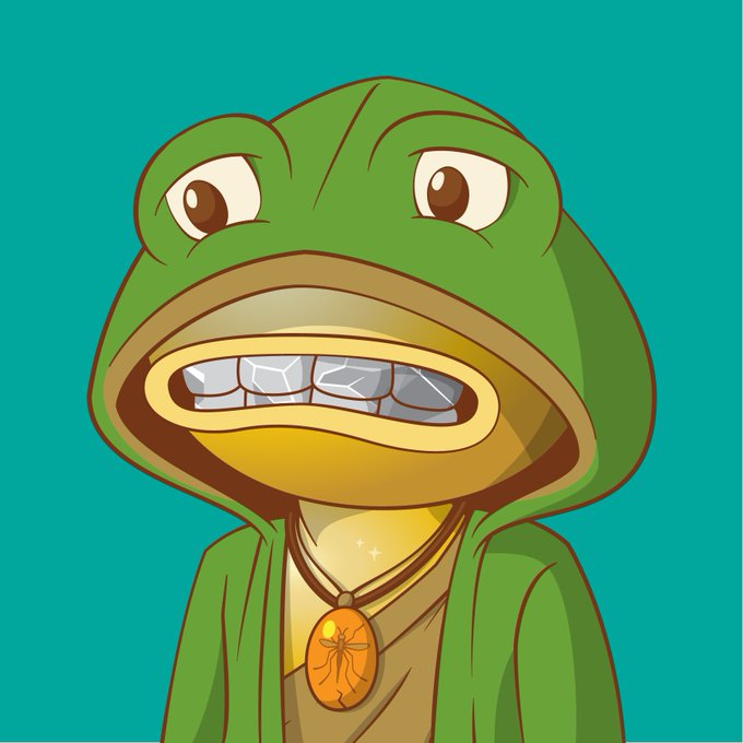 A cartoon frog with gritted teeth wearing a green robe and an orange scarab necklace against a teal background.