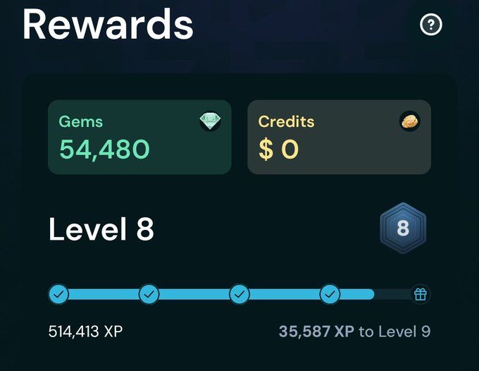 Rewards screen showing 54,480 Gems, $0 Credits, Level 8 with 514,413 XP and 35,587 XP to Level 9.