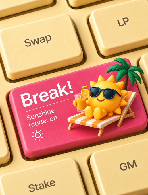 A close-up of a stylized keyboard featuring a pink "Break! Sunshine mode: on" key with a sun character relaxing on a beach chair, surrounded by cream-colored keys labeled "Swap," "LP," "Stake," and "GM," playfully tying into the post about TRON liquidity and #SunSwap V3's TRX/USDT LP experience.