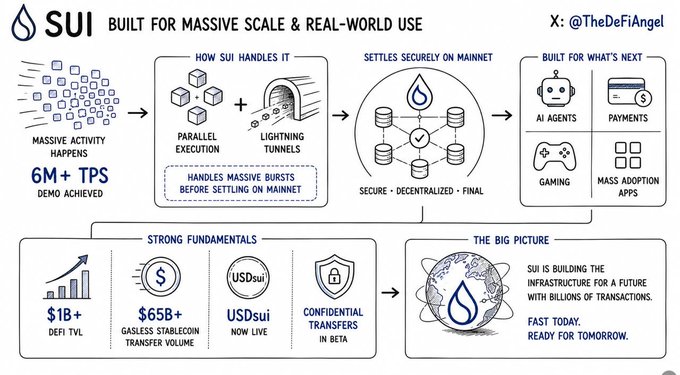 This diagram from @SuiNetwork illustrates its "MASSIVE SCALE & REAL-WORLD USE" capabilities, showcasing parallel execution and "Lightning Tunnels" for handling bursts before settling on mainnet, and indicating its readiness for AI agents, payments, gaming, and mass adoption apps. This aligns with the post's emphasis on not forcing all transactions onto the base layer and the use of Lightning Tunnels for off-chain workloads.