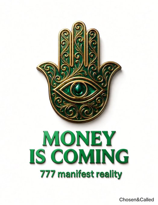 An ornate gold Hamsa hand pendant with green gemstones and an evil eye design, with green text below reading 'MONEY IS COMING 777 manifest reality' and 'Chosen&Called' in the corner.