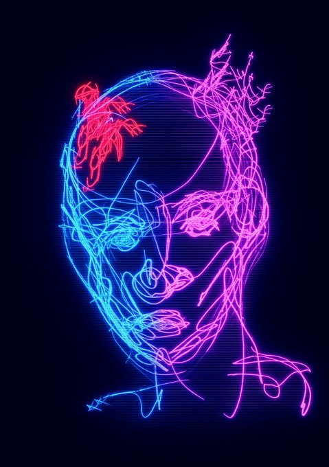 A neon light artwork depicting a scribbled face in pink and blue lines with the word 'GIRL' written in red at the top.