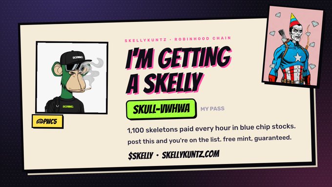 Promotional graphic for 'SKELLYKUNTZ ROBINHOOD CHAIN' featuring a cartoon monkey in sunglasses and a skeleton character with text 'I'M GETTING A SKELLY' and 'SKULL-IWHWA MY PASS'.
