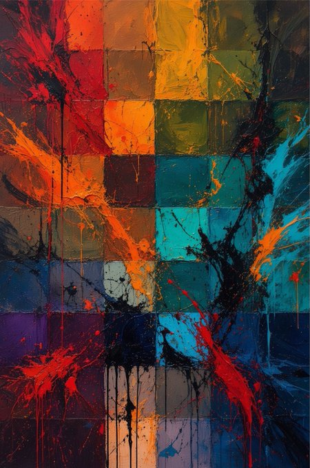 An abstract painting featuring a colorful checkerboard grid overlaid with chaotic splatters and drips of red, orange, blue, and black paint.
