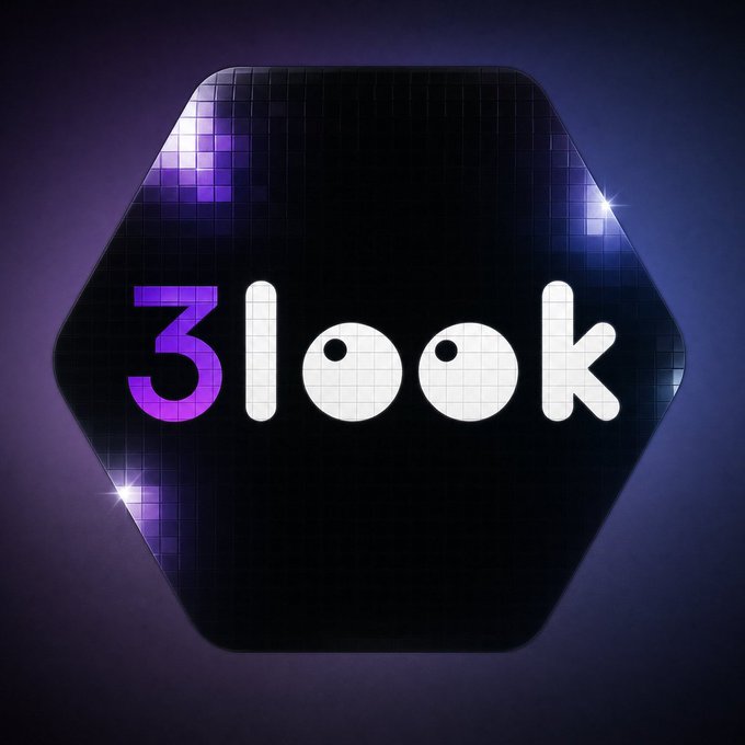 The image features an advertisement with a hexagonal shape that says "3 Look" written in white letters. The background of the image is purple, which contrasts with the black border surrounding the text. The overall design appears to be modern and sleek, with a focus on simplicity and cleanliness.