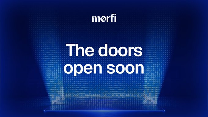 Merfi promotional graphic with blue stage lighting reading 'The doors open soon'.