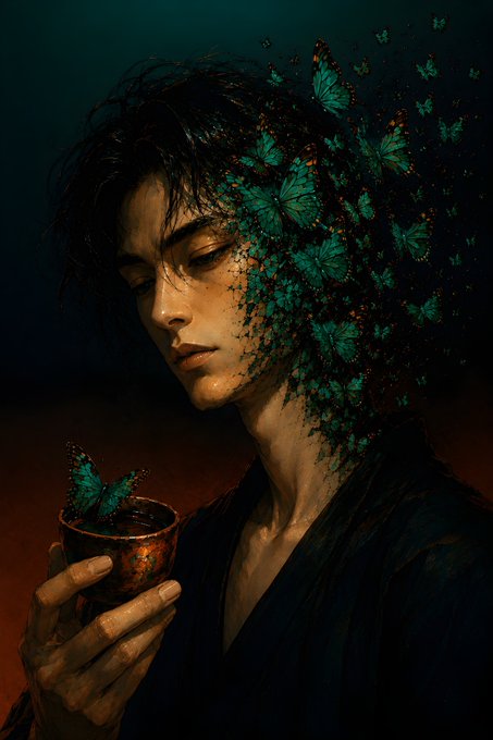 A dark, artistic digital painting of a young person with closed eyes holding a small cup, with teal butterflies emerging from and surrounding their head against a dark background.