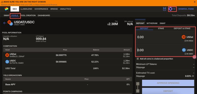 The image shows a Curve Finance "Deposit" page for the USDat/USDC liquidity pool on the DEX, displaying a Total Deposits of $9.33m with the pool earning 0% Base APY. It relates to the post by illustrating the deposit setup screen where users can contribute liquidity to the Curve USDat/USDC stablecoin pair on Monad to earn 20x Saturn points.